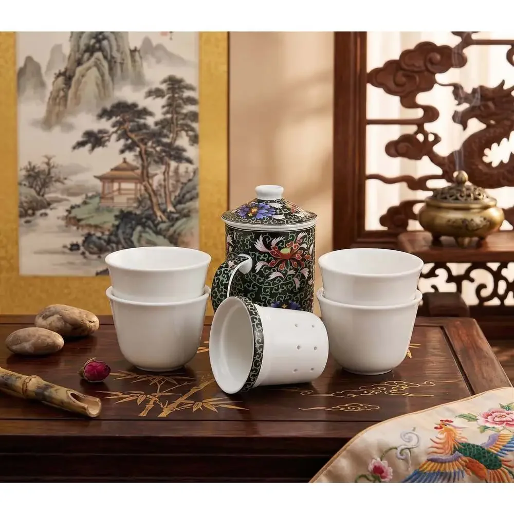 Chinese Dajin Porcelain Tea Set Black Floral Infuser Teapot Mug 4 Cups 6pc Set
